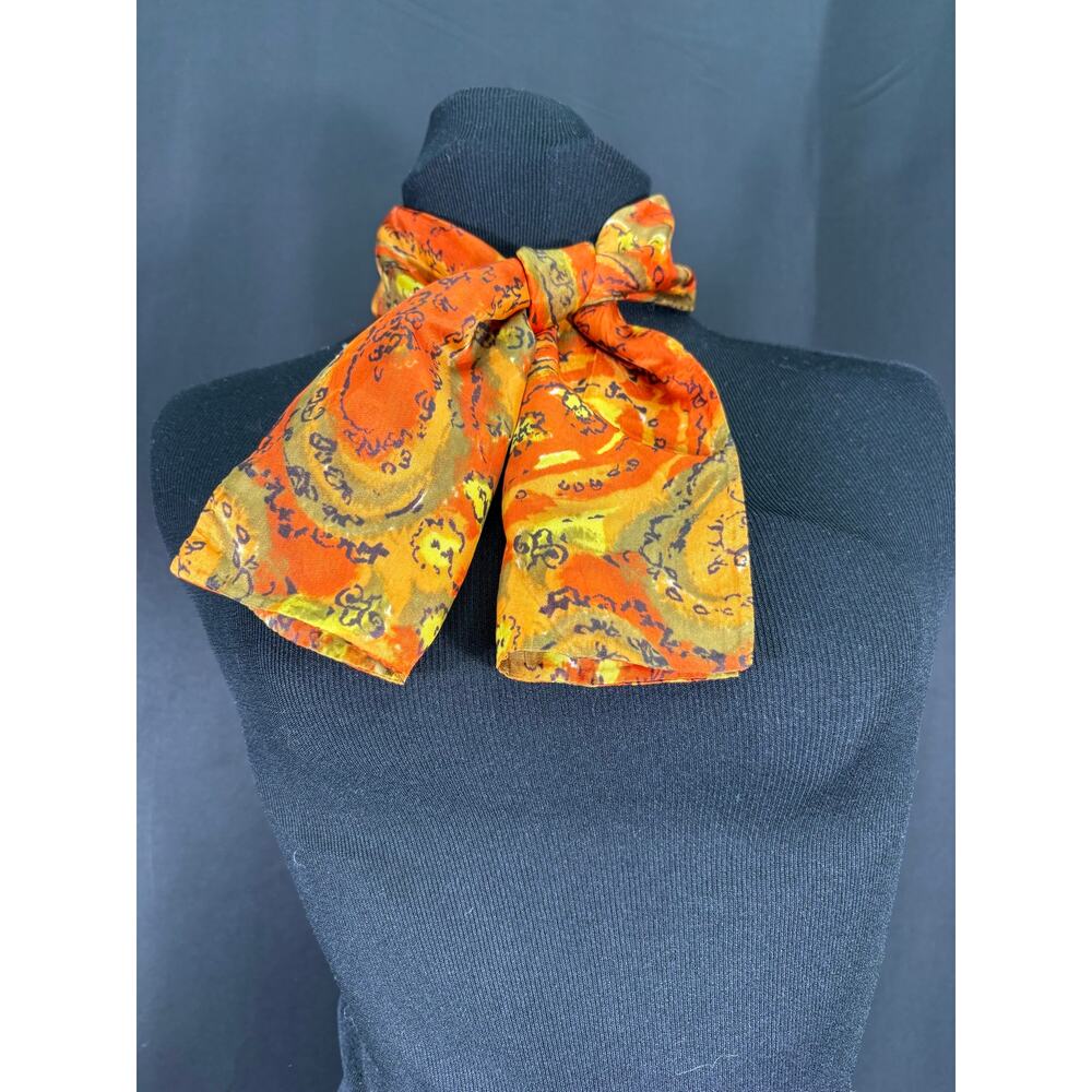 Stylish Satin Vintage Neck Scarf from the 70's Orange Olive Green & Brown